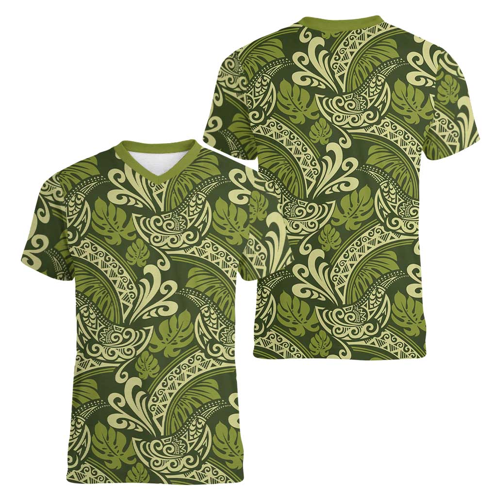 Olive Green Monstera Women V-Neck T-Shirt Polynesian Tribal Pattern LT01 - Polynesian Pride