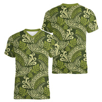 Olive Green Monstera Women V-Neck T-Shirt Polynesian Tribal Pattern LT01 - Polynesian Pride