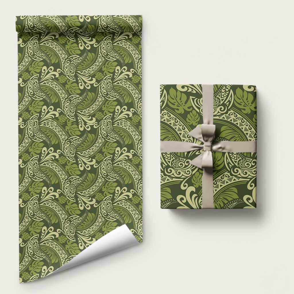 Olive Green Monstera Wrapping Paper Polynesian Tribal Pattern LT01 58" × 23" Green - Polynesian Pride