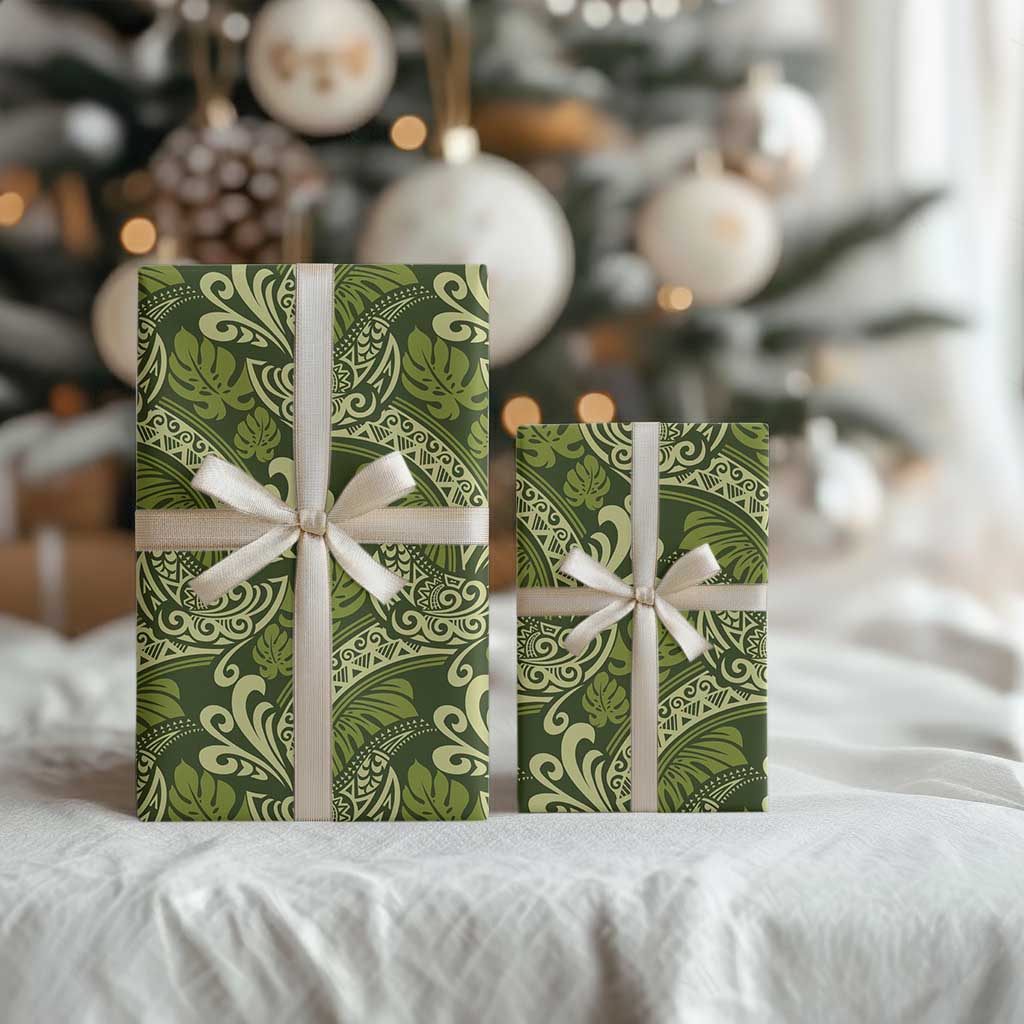 Olive Green Monstera Wrapping Paper Polynesian Tribal Pattern LT01 - Polynesian Pride
