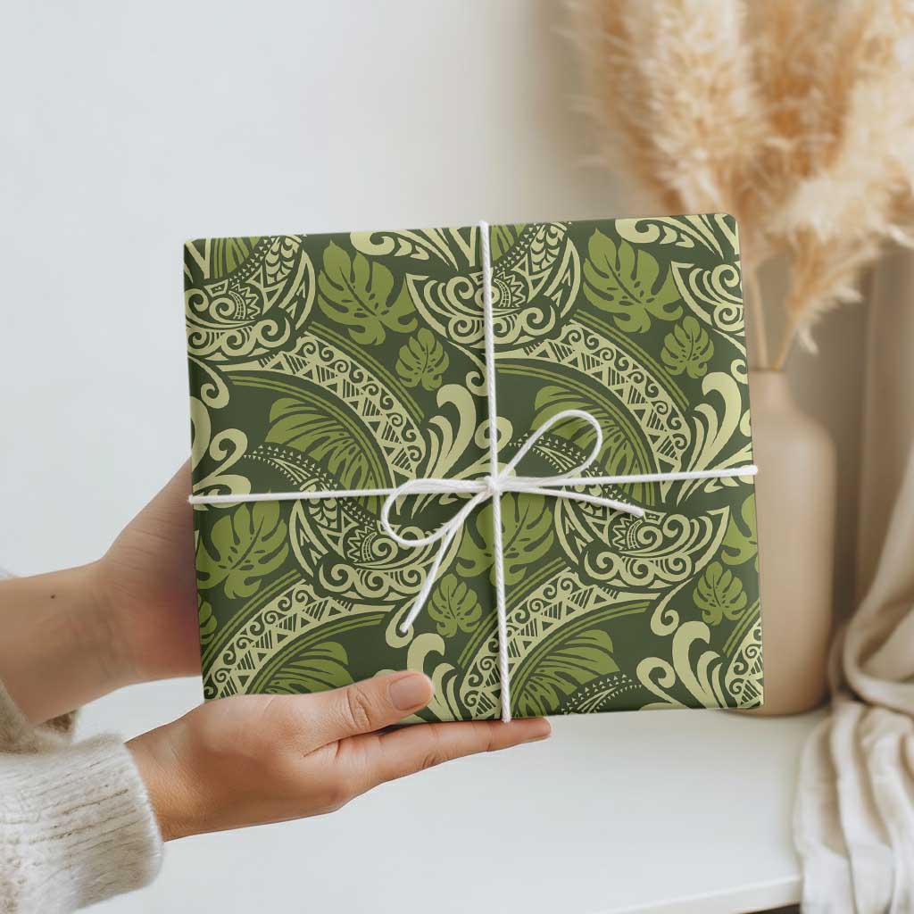 Olive Green Monstera Wrapping Paper Polynesian Tribal Pattern LT01 - Polynesian Pride