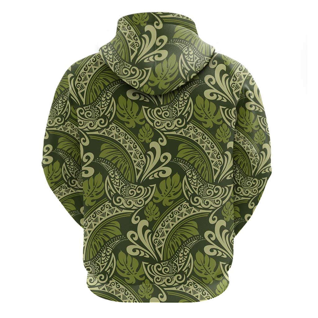 Olive Green Monstera Zip Hoodie Polynesian Tribal Pattern LT01 - Polynesian Pride