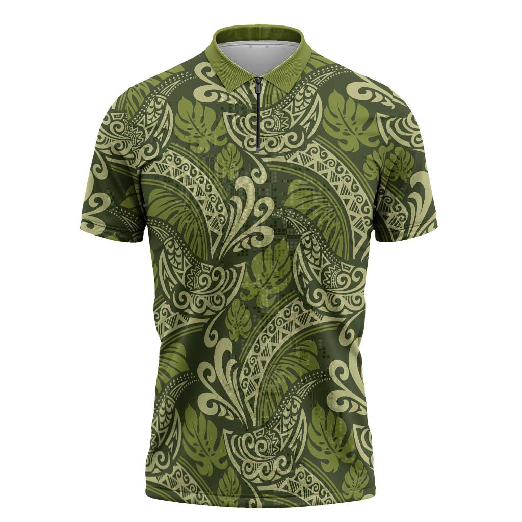 Olive Green Monstera Zipper Polo Shirt Polynesian Tribal Pattern LT01 Green - Polynesian Pride