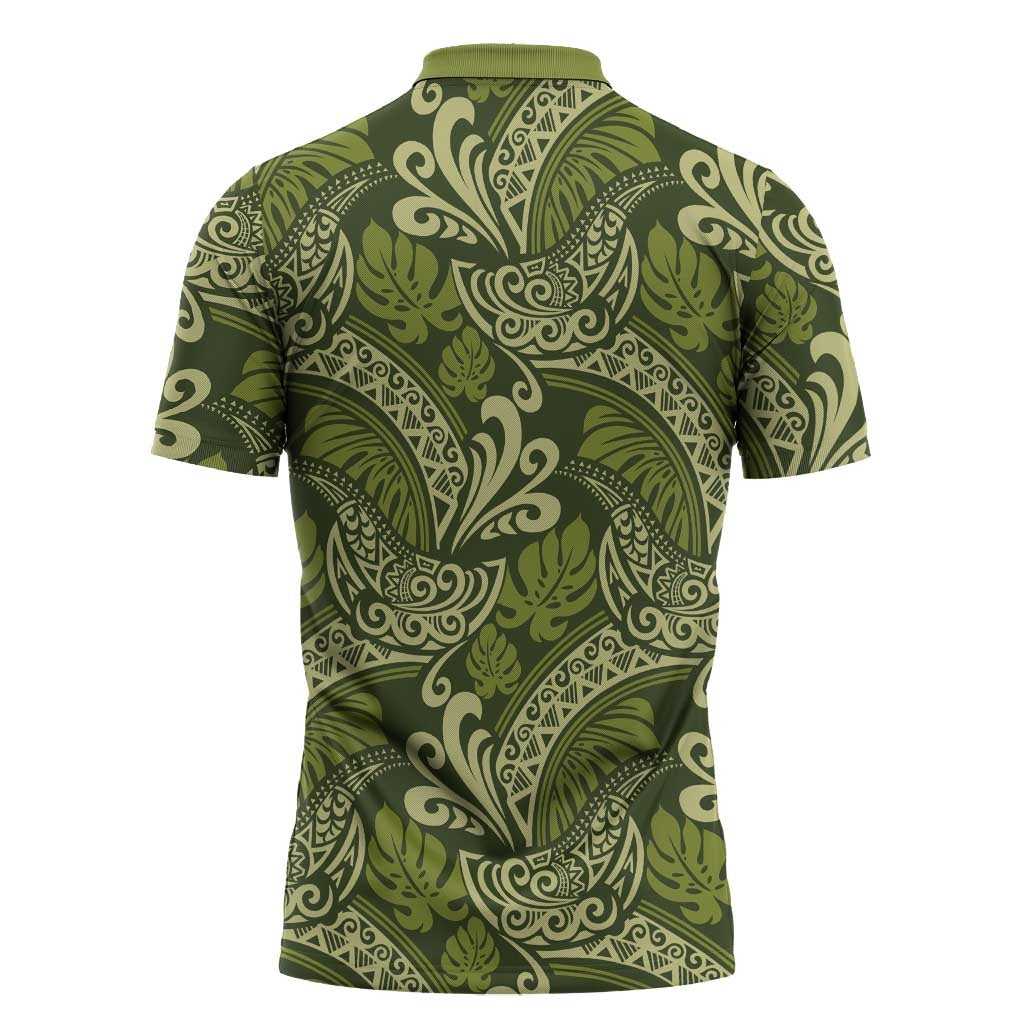 Olive Green Monstera Zipper Polo Shirt Polynesian Tribal Pattern LT01 - Polynesian Pride