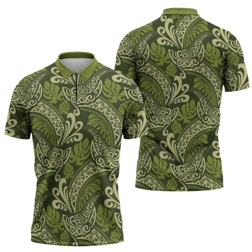 Olive Green Monstera Zipper Polo Shirt Polynesian Tribal Pattern LT01 - Polynesian Pride