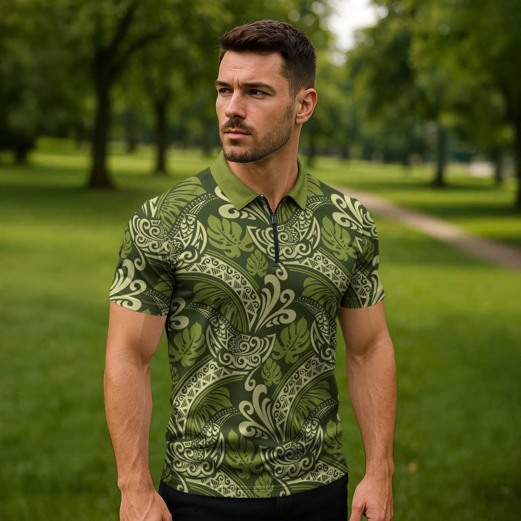 Olive Green Monstera Zipper Polo Shirt Polynesian Tribal Pattern LT01 - Polynesian Pride