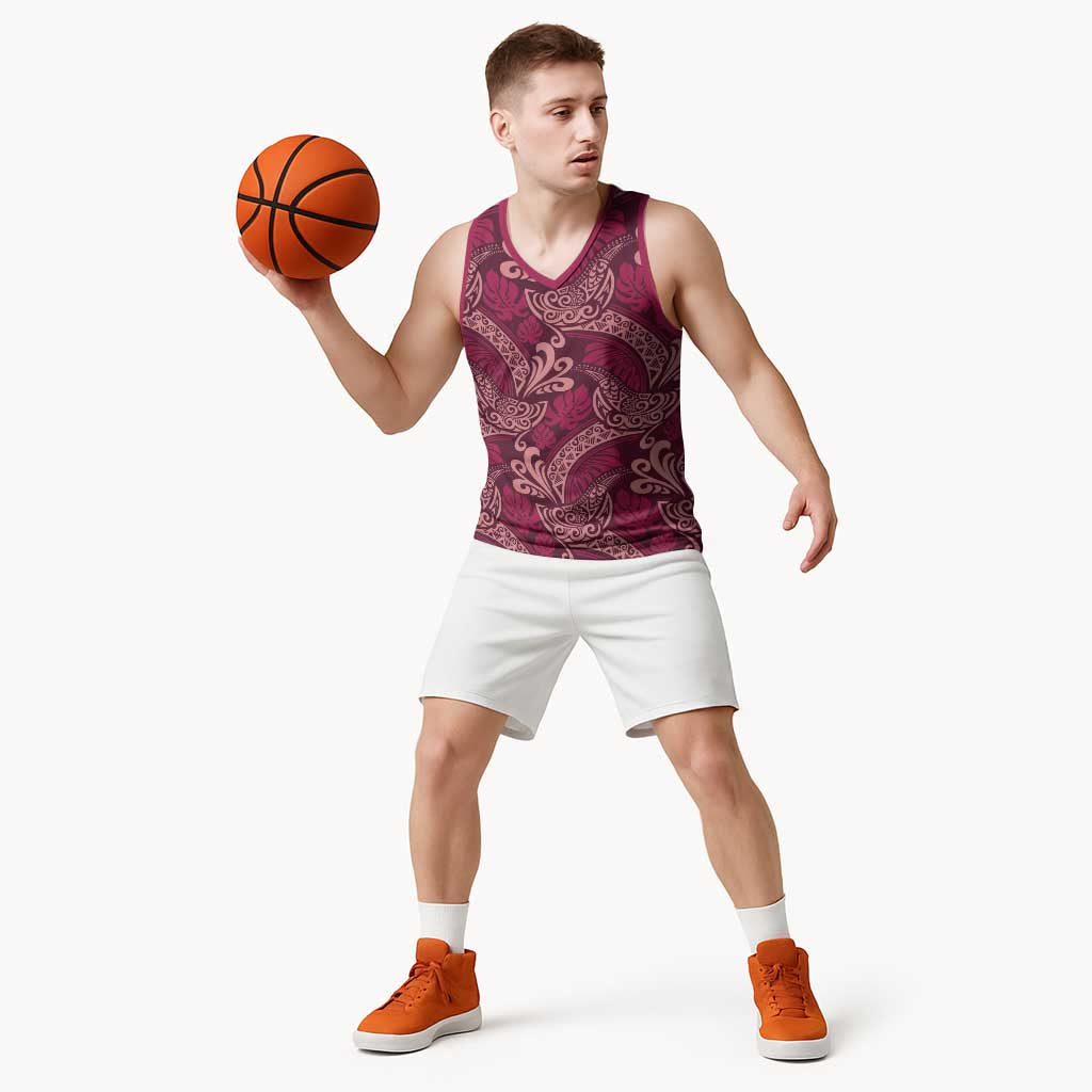 Sweet Pink Monstera Basketball Jersey Polynesian Tribal Pattern - Polynesian Pride