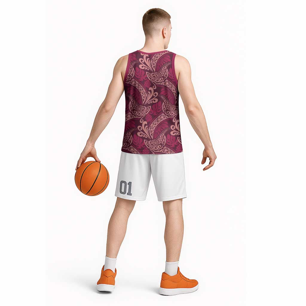 Sweet Pink Monstera Basketball Jersey Polynesian Tribal Pattern - Polynesian Pride