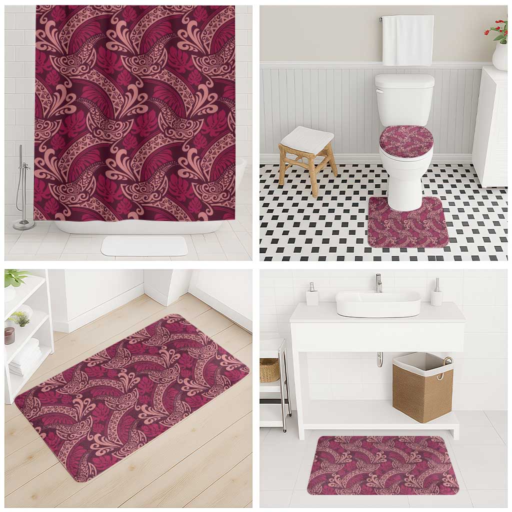 Sweet Pink Monstera Bathroom Set Polynesian Tribal Pattern - Polynesian Pride