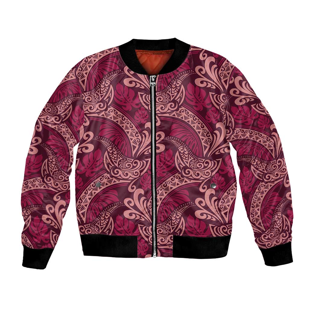 Sweet Pink Monstera Bomber Jacket Polynesian Tribal Pattern - Polynesian Pride