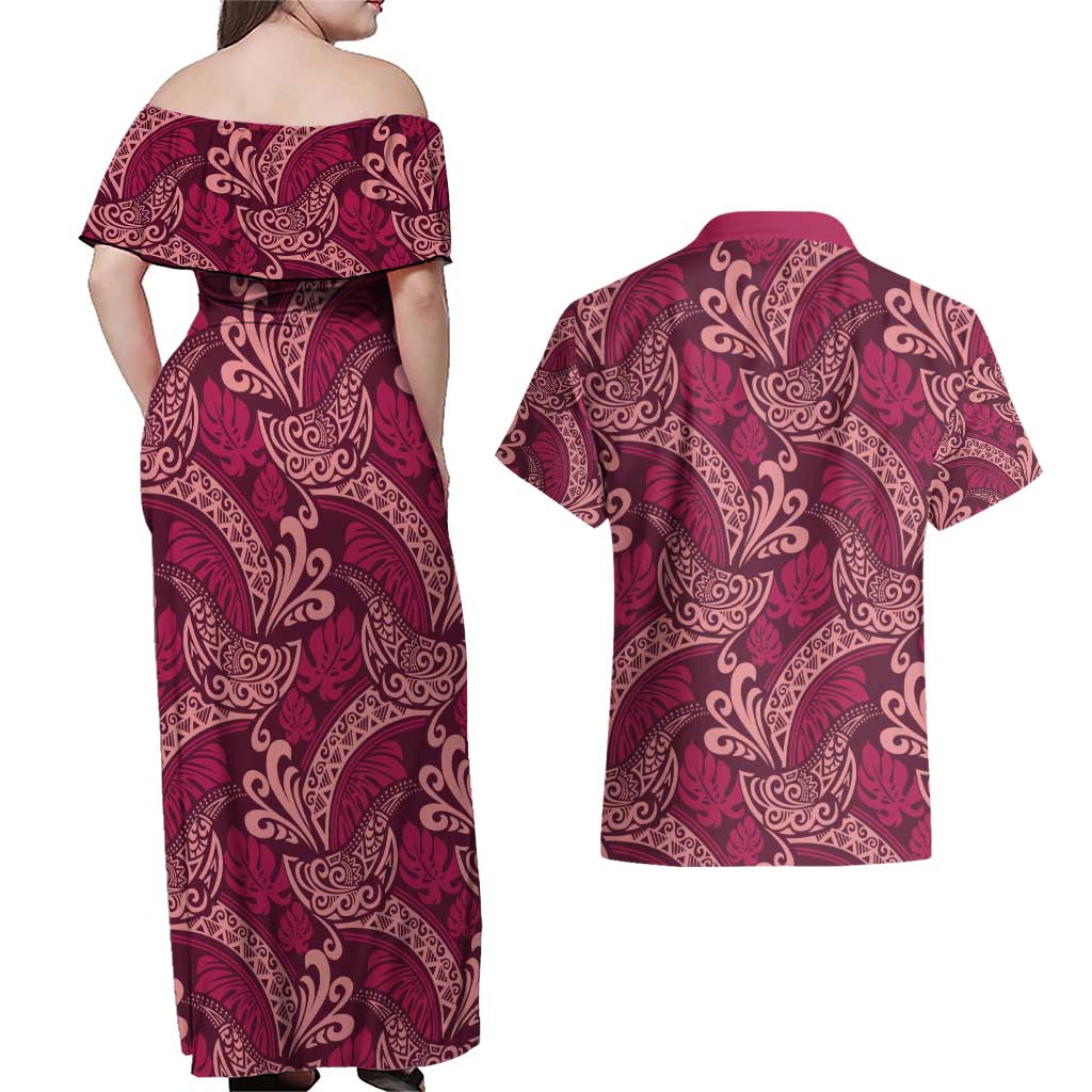 Sweet Pink Monstera Couples Matching Off Shoulder Maxi Dress and Hawaiian Shirt Polynesian Tribal Pattern - Polynesian Pride