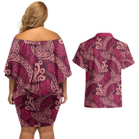 Sweet Pink Monstera Couples Matching Off Shoulder Short Dress and Hawaiian Shirt Polynesian Tribal Pattern - Polynesian Pride