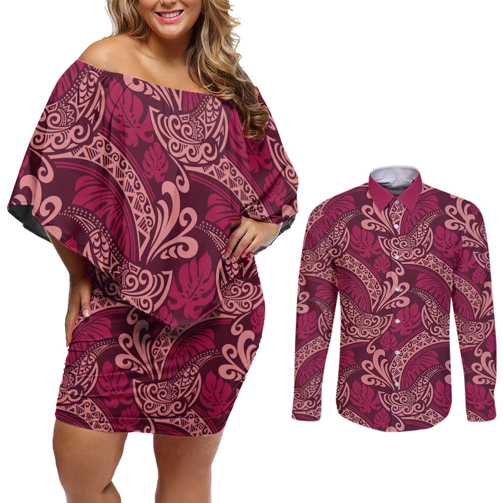 Sweet Pink Monstera Couples Matching Off Shoulder Short Dress and Long Sleeve Button Shirt Polynesian Tribal Pattern - Polynesian Pride