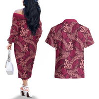 Sweet Pink Monstera Couples Matching Off The Shoulder Long Sleeve Dress and Hawaiian Shirt Polynesian Tribal Pattern - Polynesian Pride