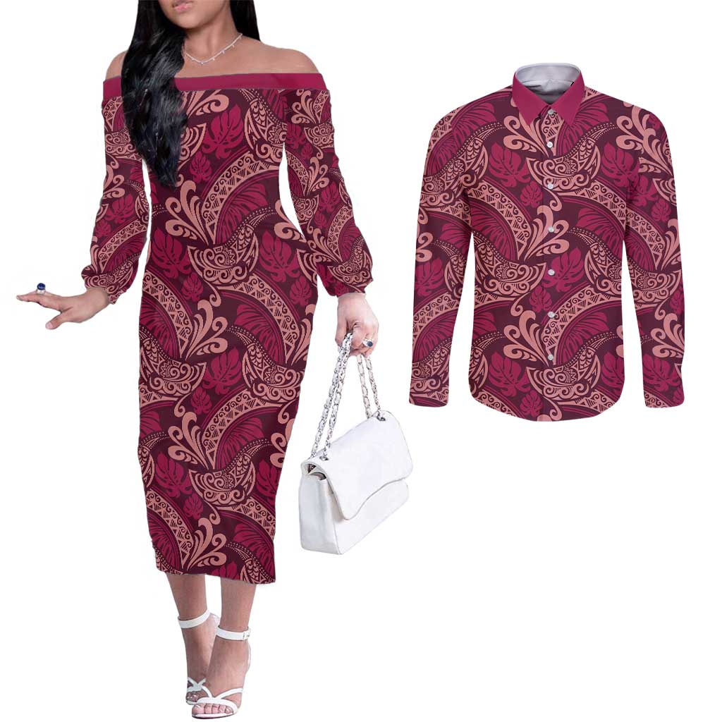 Sweet Pink Monstera Couples Matching Off The Shoulder Long Sleeve Dress and Long Sleeve Button Shirt Polynesian Tribal Pattern - Polynesian Pride