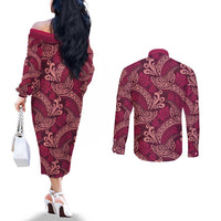 Sweet Pink Monstera Couples Matching Off The Shoulder Long Sleeve Dress and Long Sleeve Button Shirt Polynesian Tribal Pattern - Polynesian Pride