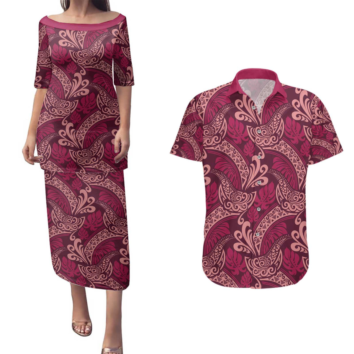 Sweet Pink Monstera Couples Matching Puletasi and Hawaiian Shirt Polynesian Tribal Pattern LT01 Pink - Polynesian Pride