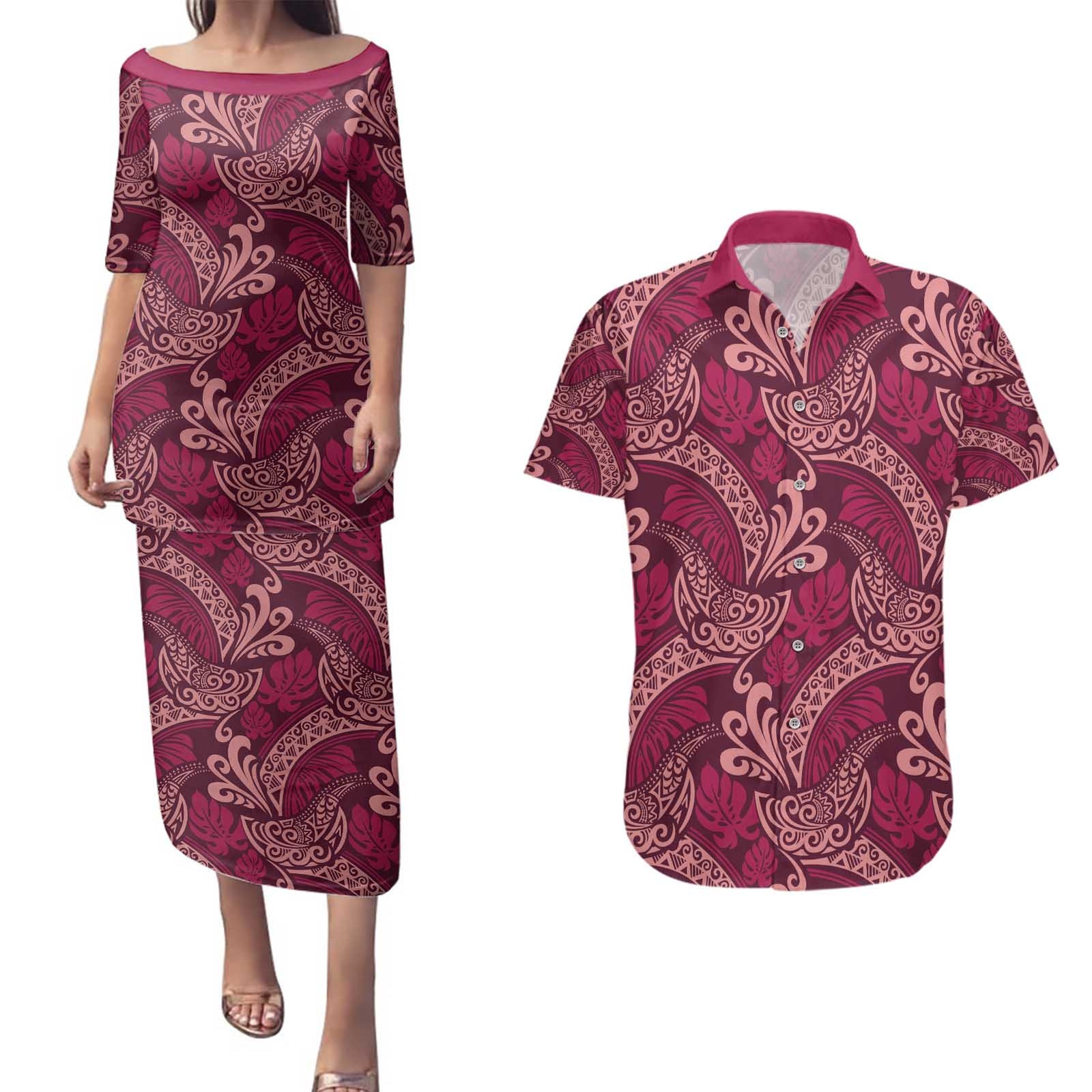 Sweet Pink Monstera Couples Matching Puletasi and Hawaiian Shirt Polynesian Tribal Pattern LT01 Pink - Polynesian Pride