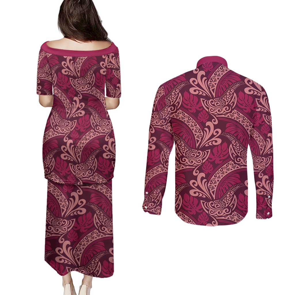 Sweet Pink Monstera Couples Matching Puletasi and Long Sleeve Button Shirt Polynesian Tribal Pattern LT01 - Polynesian Pride