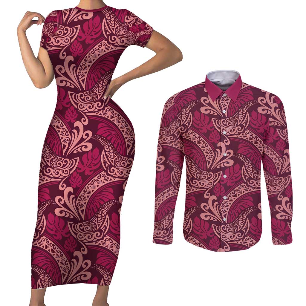 Sweet Pink Monstera Couples Matching Short Sleeve Bodycon Dress and Long Sleeve Button Shirt Polynesian Tribal Pattern - Polynesian Pride