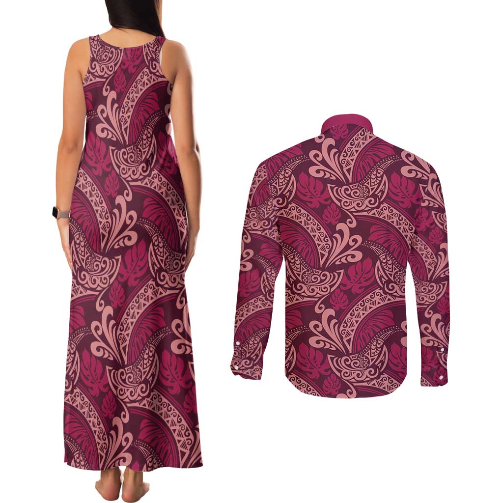 Sweet Pink Monstera Couples Matching Tank Maxi Dress and Long Sleeve Button Shirt Polynesian Tribal Pattern - Polynesian Pride