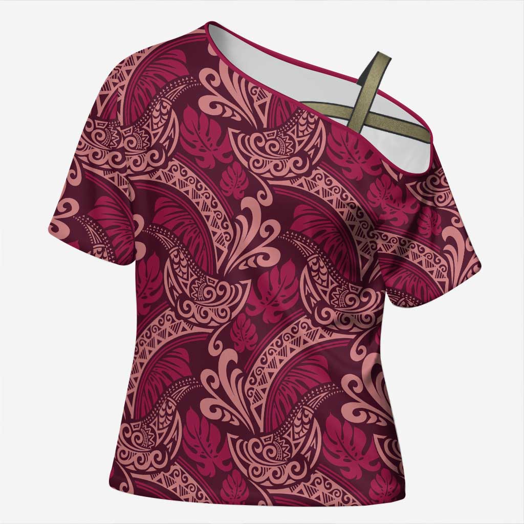 Sweet Pink Monstera Cross Shoulder Shirt Polynesian Tribal Pattern LT01 Female Pink - Polynesian Pride