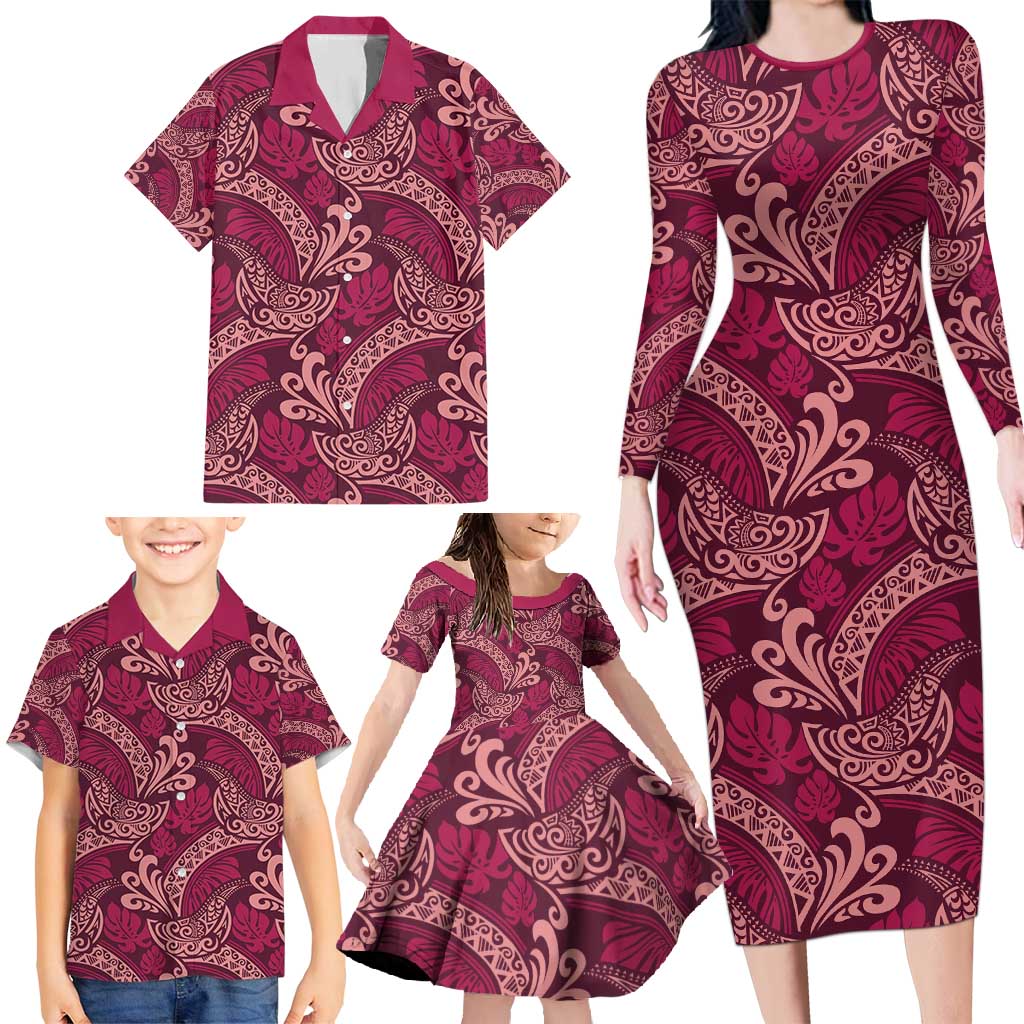 Sweet Pink Monstera Family Matching Long Sleeve Bodycon Dress and Hawaiian Shirt Polynesian Tribal Pattern - Polynesian Pride