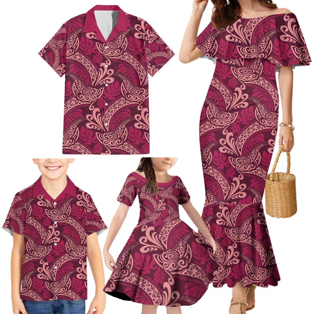 Sweet Pink Monstera Family Matching Mermaid Dress and Hawaiian Shirt Polynesian Tribal Pattern - Polynesian Pride