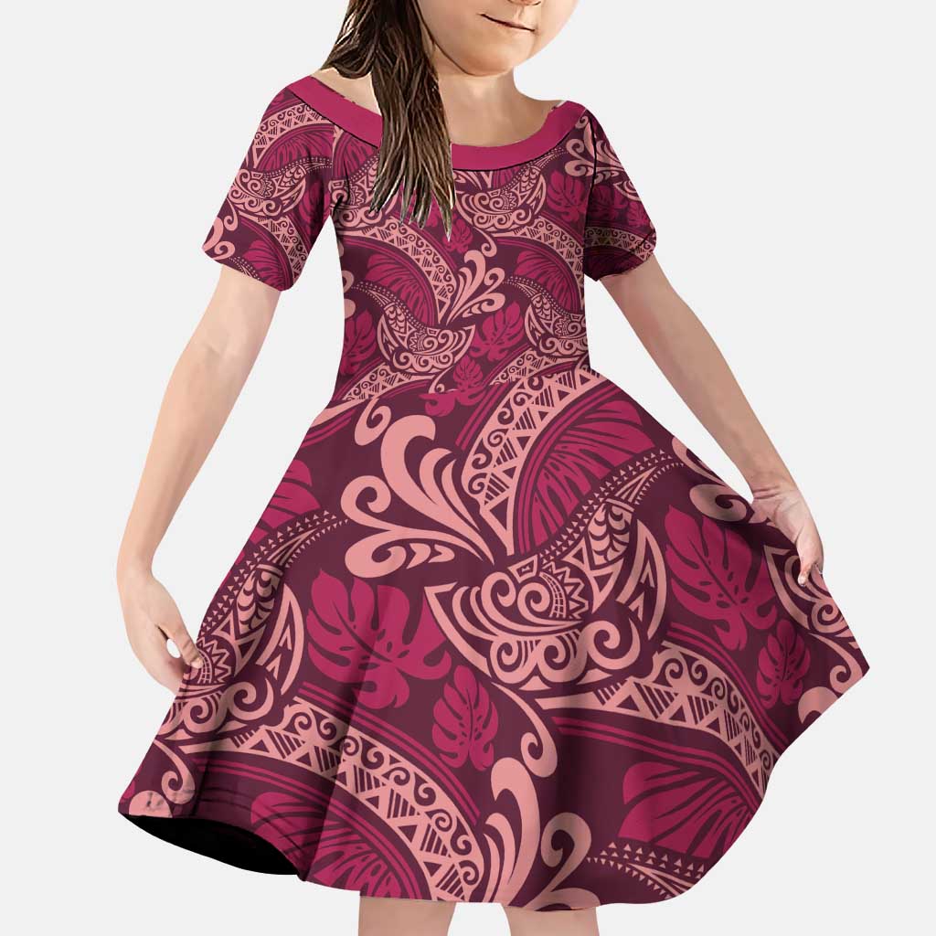 Sweet Pink Monstera Family Matching Puletasi and Hawaiian Shirt Polynesian Tribal Pattern LT01 Daughter's Dress Pink - Polynesian Pride