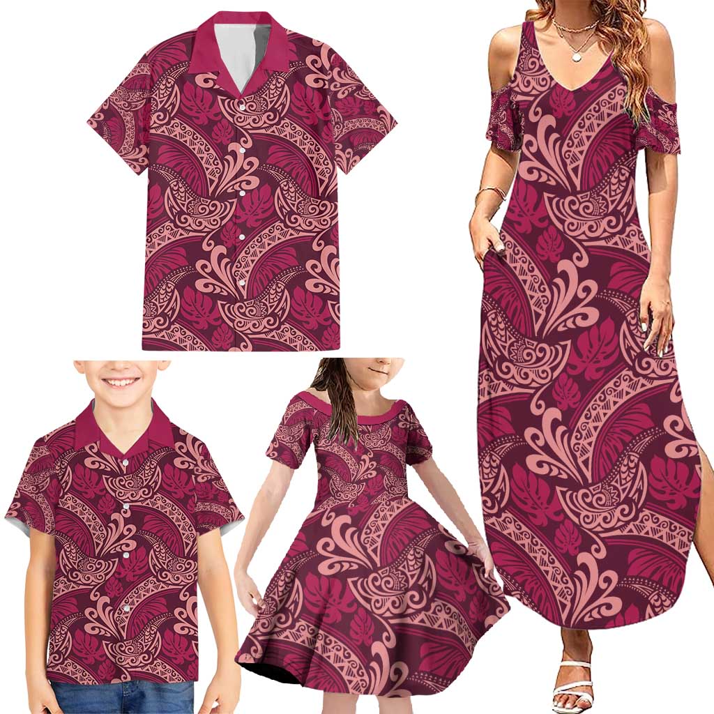 Sweet Pink Monstera Family Matching Summer Maxi Dress and Hawaiian Shirt Polynesian Tribal Pattern - Polynesian Pride