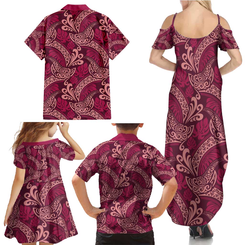 Sweet Pink Monstera Family Matching Summer Maxi Dress and Hawaiian Shirt Polynesian Tribal Pattern - Polynesian Pride