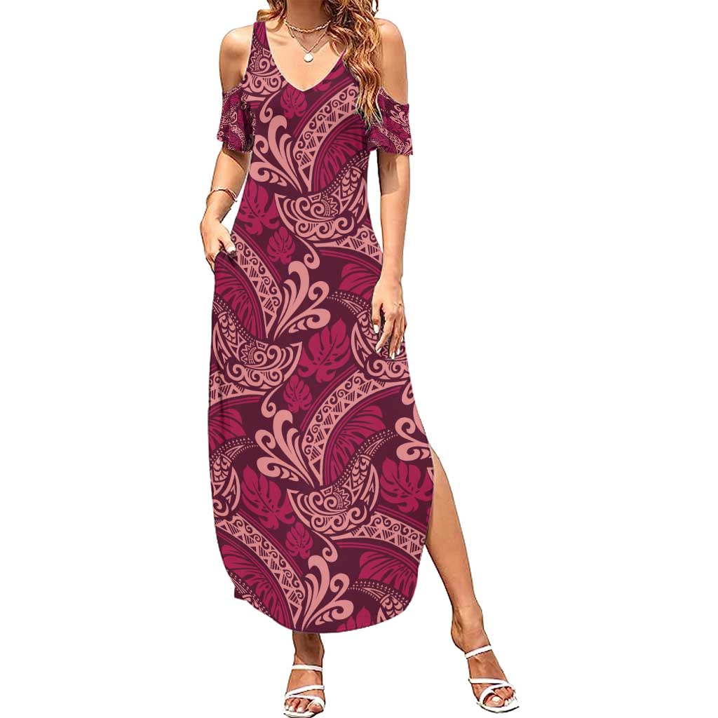 Sweet Pink Monstera Family Matching Summer Maxi Dress and Hawaiian Shirt Polynesian Tribal Pattern - Polynesian Pride