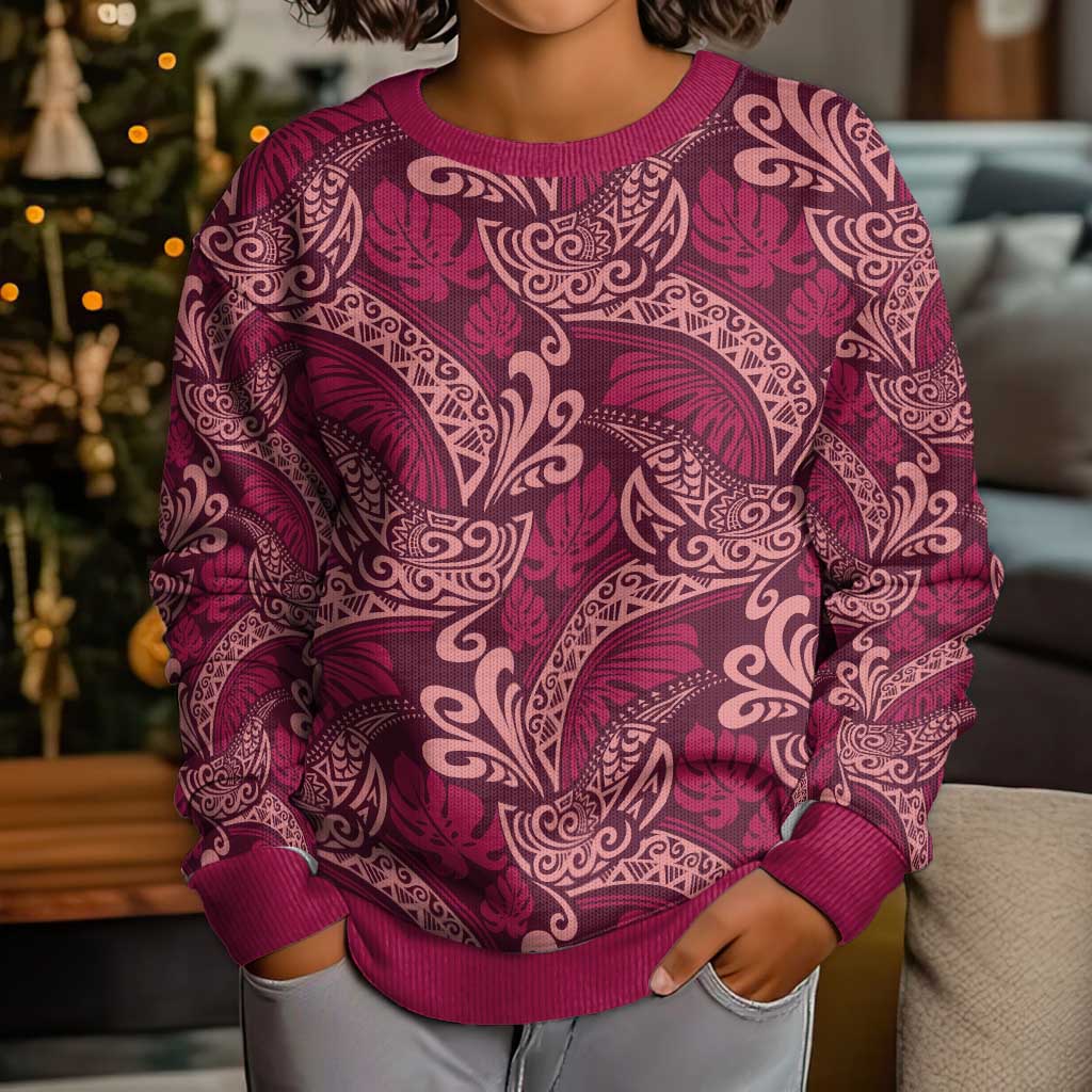 Sweet Pink Monstera Kid Ugly Christmas Sweater Polynesian Tribal Pattern LT01 - Polynesian Pride