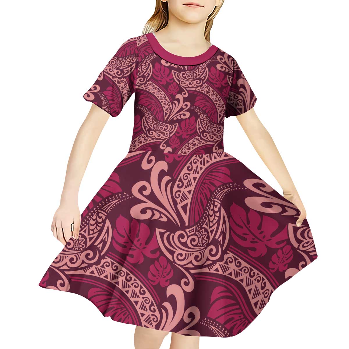 Sweet Pink Monstera Kid Short Sleeve Dress Polynesian Tribal Pattern LT01 - Polynesian Pride