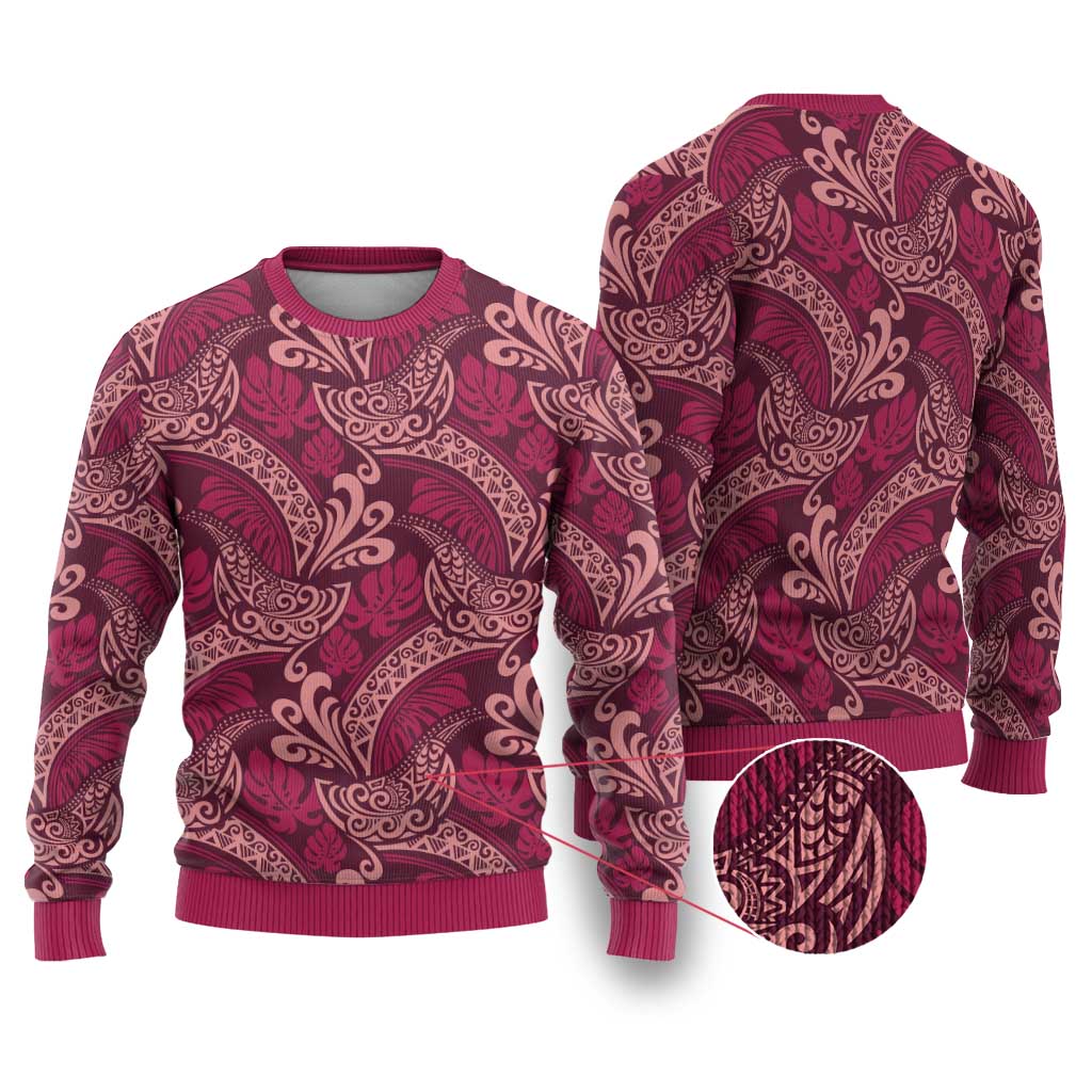 Sweet Pink Monstera Ugly Christmas Sweater Polynesian Tribal Pattern - Polynesian Pride