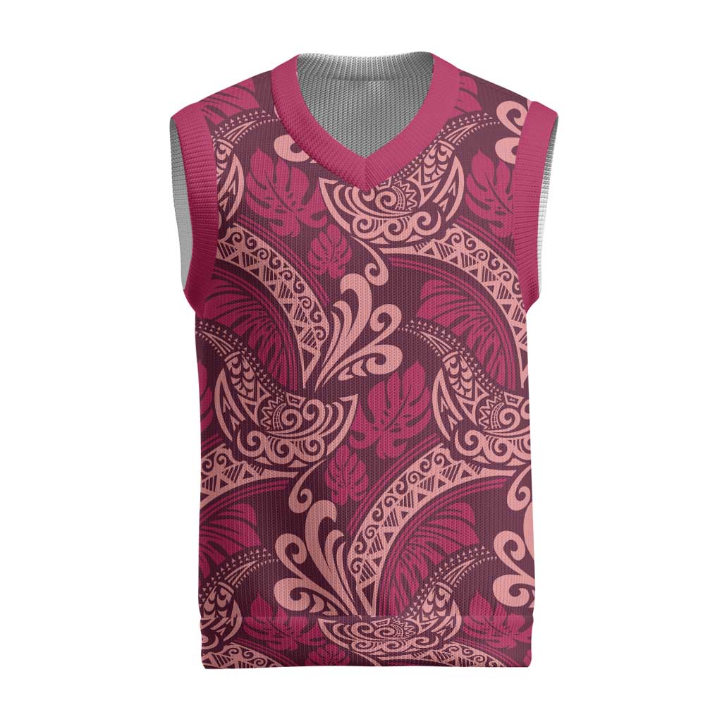 Sweet Pink Monstera Christmas Knitted V-Neck Vest Polynesian Tribal Pattern LT01 Pink - Polynesian Pride