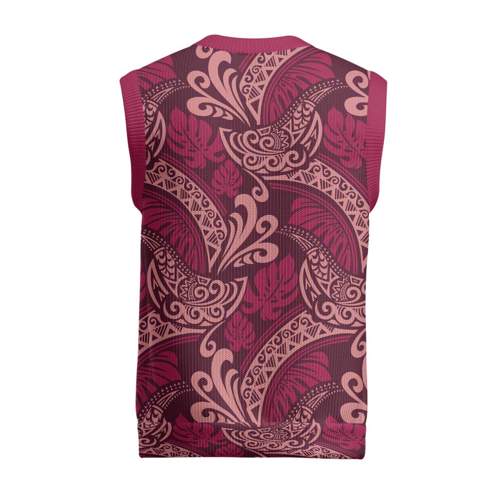 Sweet Pink Monstera Christmas Knitted V-Neck Vest Polynesian Tribal Pattern LT01 - Polynesian Pride