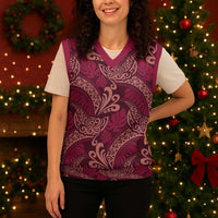 Sweet Pink Monstera Christmas Knitted V-Neck Vest Polynesian Tribal Pattern LT01 - Polynesian Pride