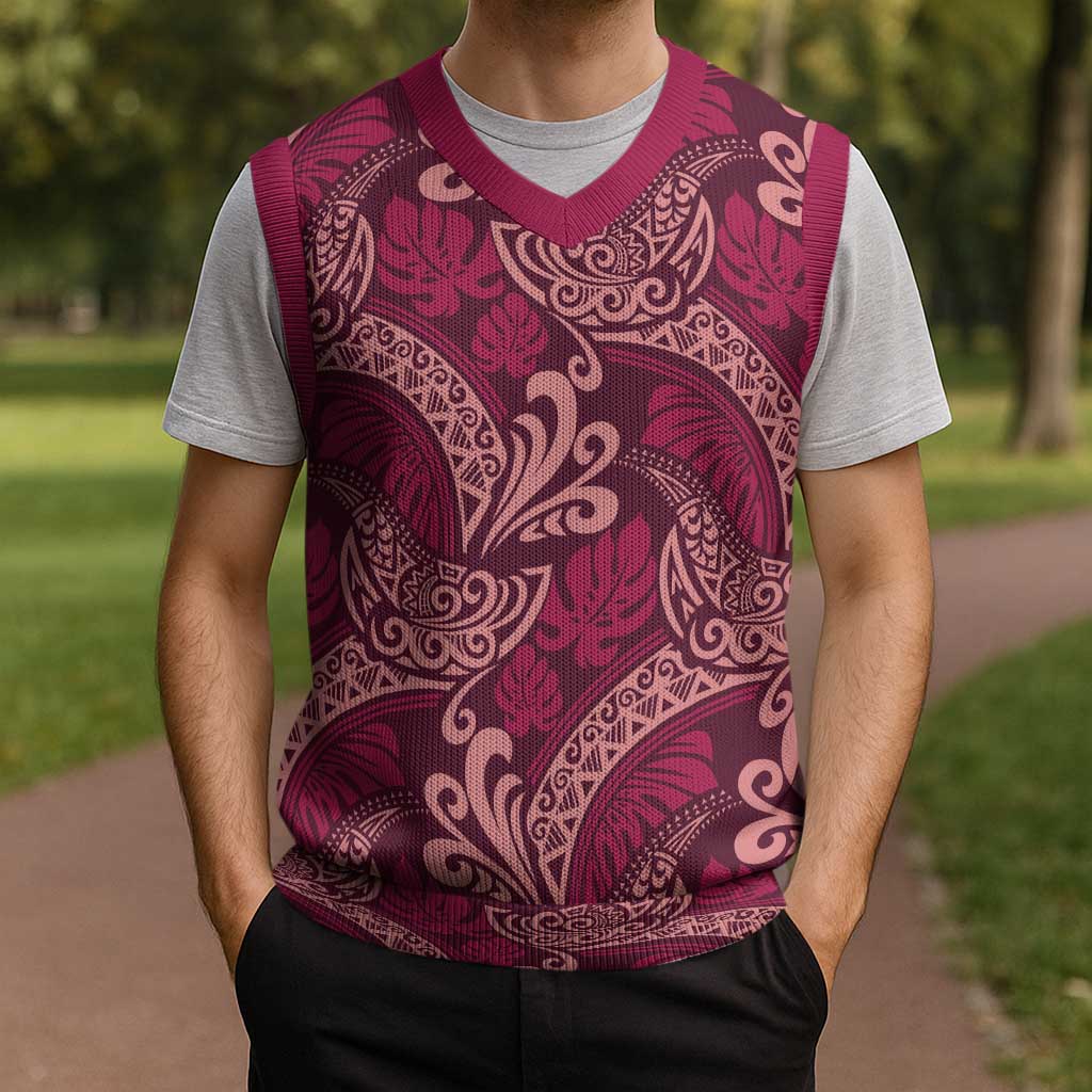 Sweet Pink Monstera Christmas Knitted V-Neck Vest Polynesian Tribal Pattern LT01 - Polynesian Pride