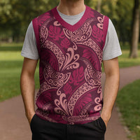 Sweet Pink Monstera Christmas Knitted V-Neck Vest Polynesian Tribal Pattern LT01 - Polynesian Pride
