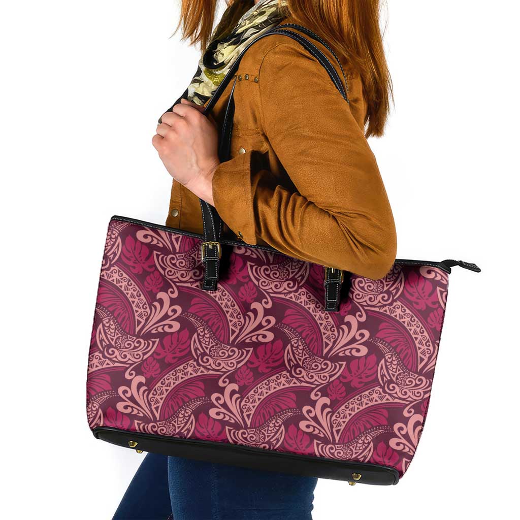 Sweet Pink Monstera Leather Tote Bag Polynesian Tribal Pattern - Polynesian Pride