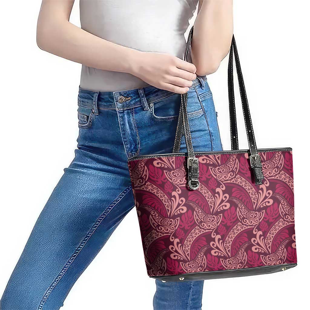 Sweet Pink Monstera Leather Tote Bag Polynesian Tribal Pattern - Polynesian Pride