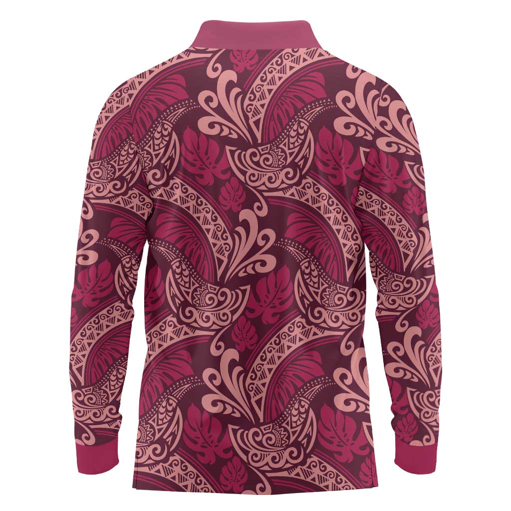 Sweet Pink Monstera Long Sleeve Polo Shirt Polynesian Tribal Pattern LT01 - Polynesian Pride