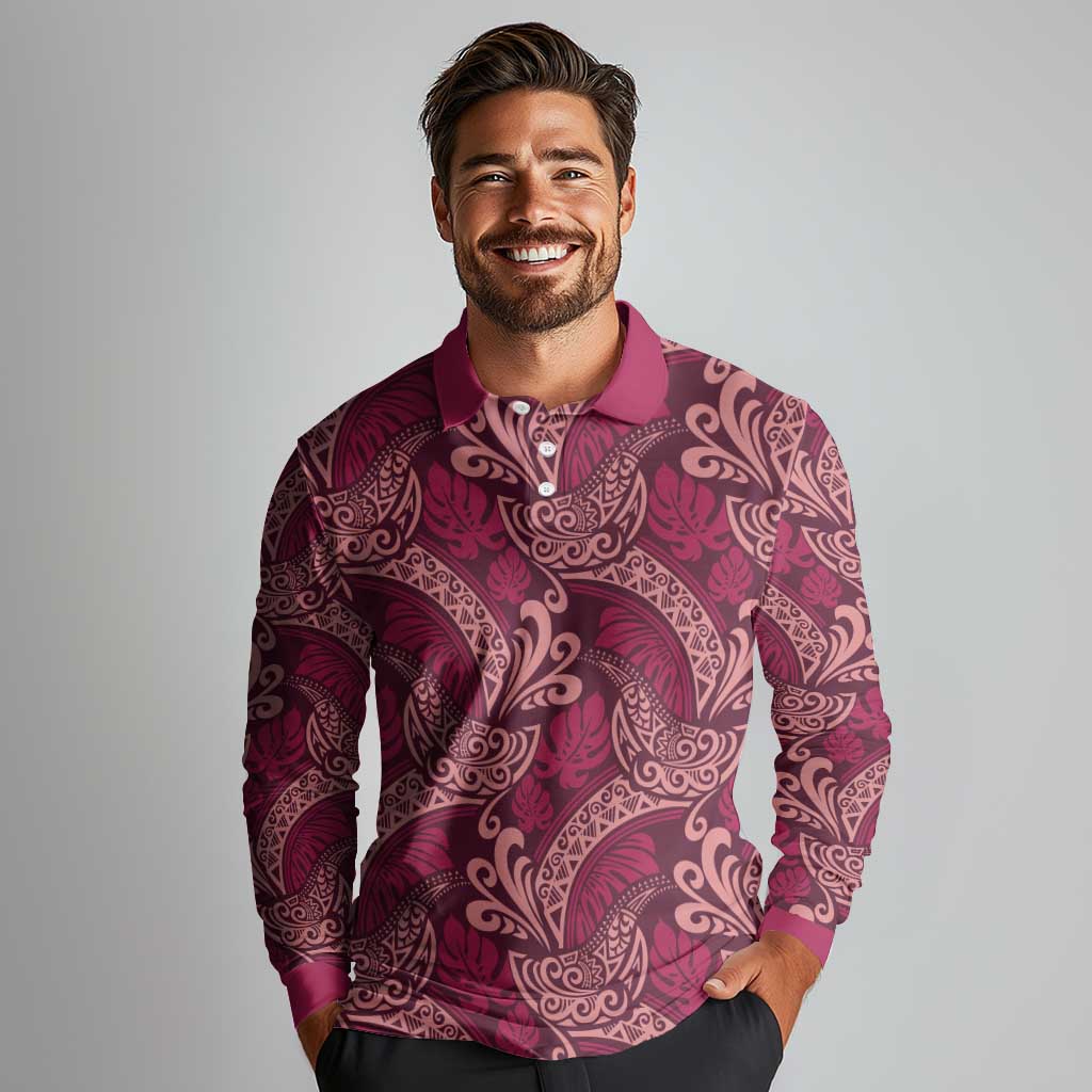 Sweet Pink Monstera Long Sleeve Polo Shirt Polynesian Tribal Pattern LT01 - Polynesian Pride