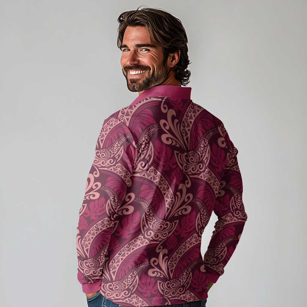 Sweet Pink Monstera Long Sleeve Polo Shirt Polynesian Tribal Pattern LT01 - Polynesian Pride