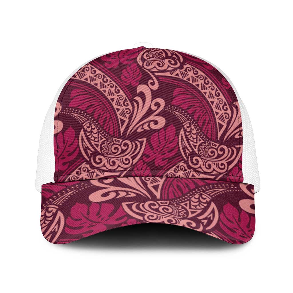 Sweet Pink Monstera Mesh Trucker Cap Polynesian Tribal Pattern - Polynesian Pride