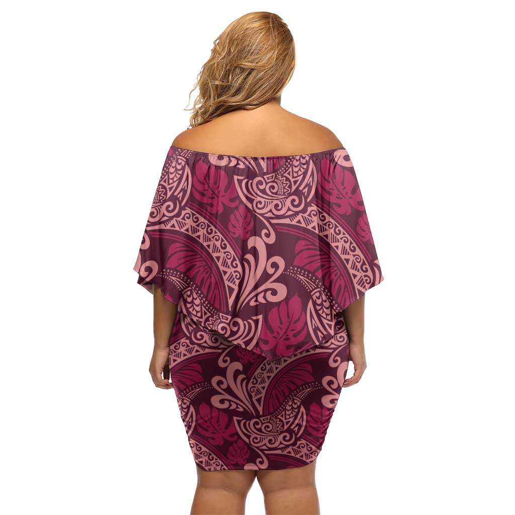 Sweet Pink Monstera Off Shoulder Short Dress Polynesian Tribal Pattern LT01 - Polynesian Pride