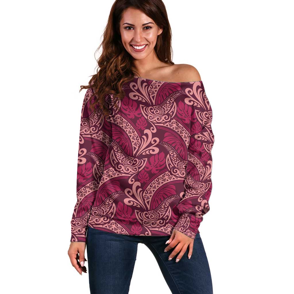 Sweet Pink Monstera Off Shoulder Sweater Polynesian Tribal Pattern - Polynesian Pride