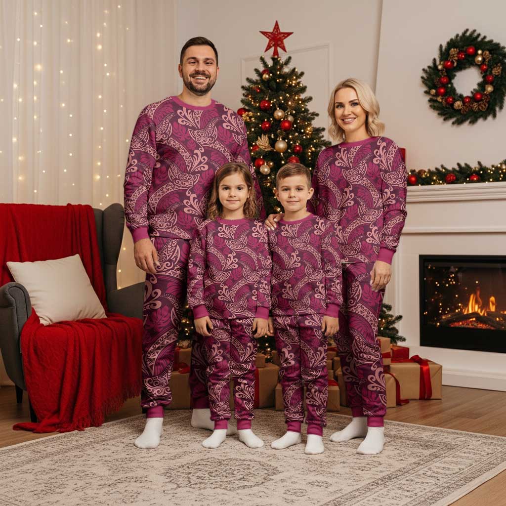 Sweet Pink Monstera Christmas Pajama Set Polynesian Tribal Pattern LT01 - Polynesian Pride