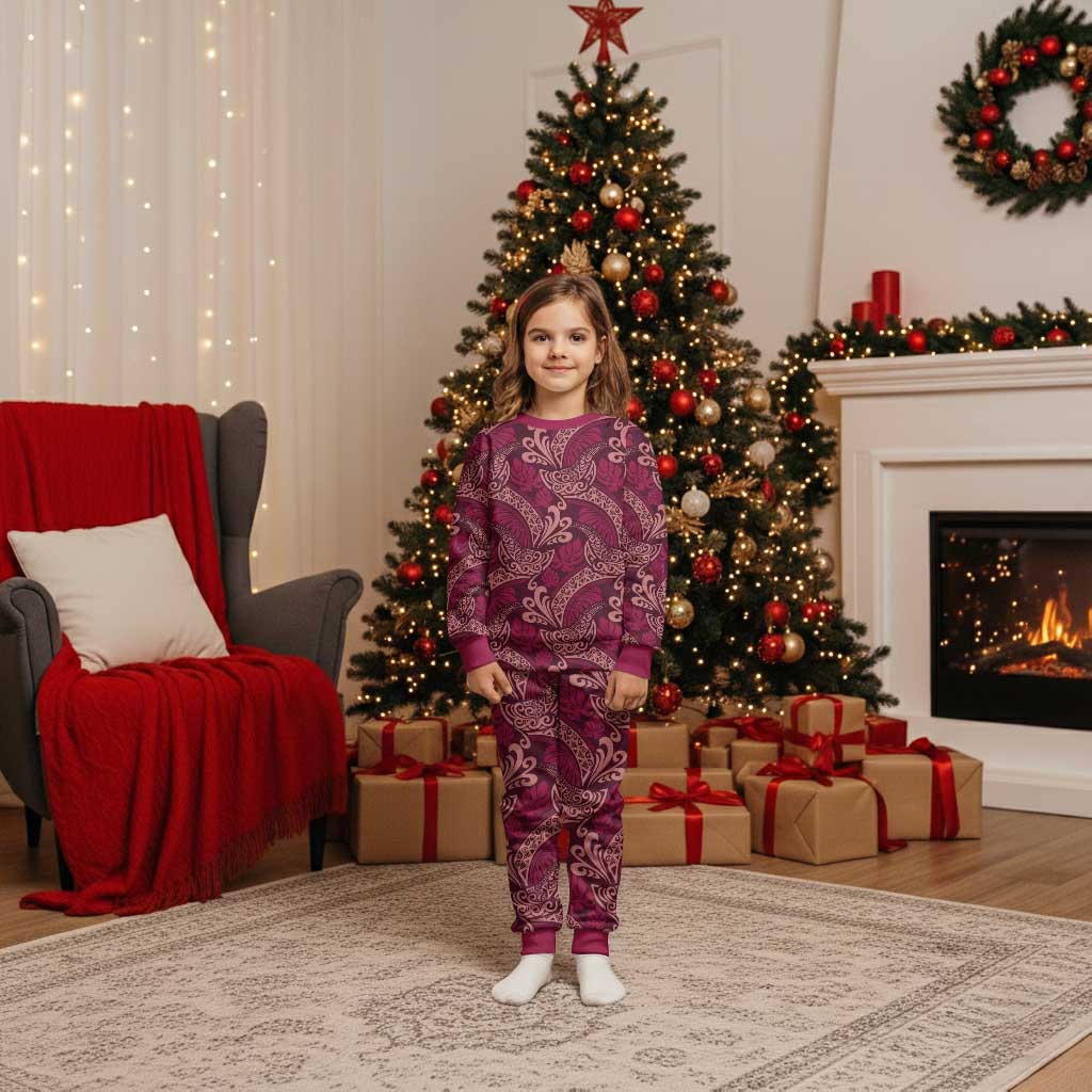 Sweet Pink Monstera Christmas Pajama Set Polynesian Tribal Pattern LT01 Kid Pink - Polynesian Pride